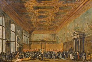 Publik beviljad av dogen i Venedig i College Room i Doge